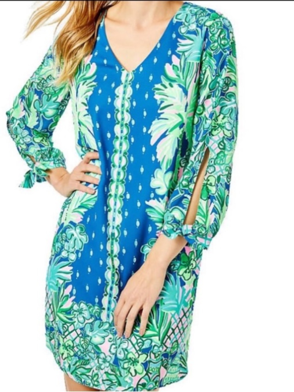 LILLY PULITZER  Pamela Dress features the
"Macaw Blue Coconut Row” Pattern